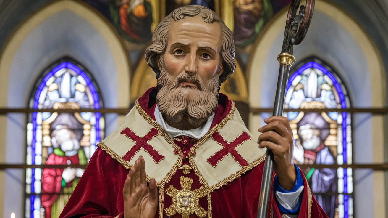 A Catholic depiction of Saint Nicholas with a white beard and hair. He is wearing a red bishop's garment with gold accents. Saint Nicholas is holding a staff. In the background, there's a church with stained glass windows.