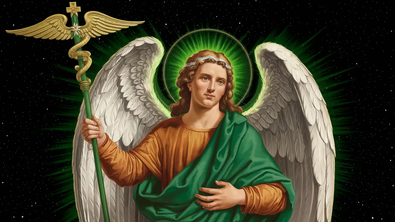 A digital painting of Saint Raphael the Archangel and patron saint of protection and healing with green robes and a beautiful green staff with the Caduceus of healing wrapped around a cross.