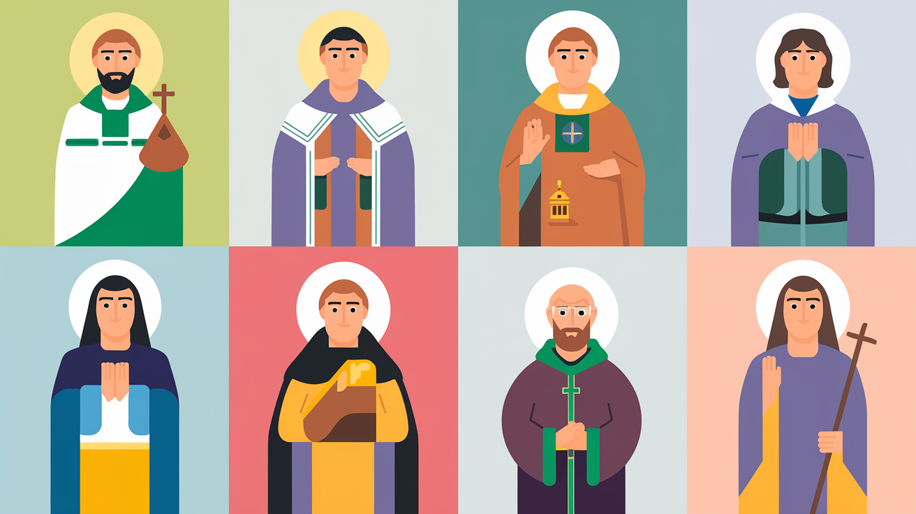 A grid of Catholic patron saints. There are 9 saints in total. The saints are illustrated in a simplified style with bright colors. Each saint is placed in a square within the grid. The background is white.