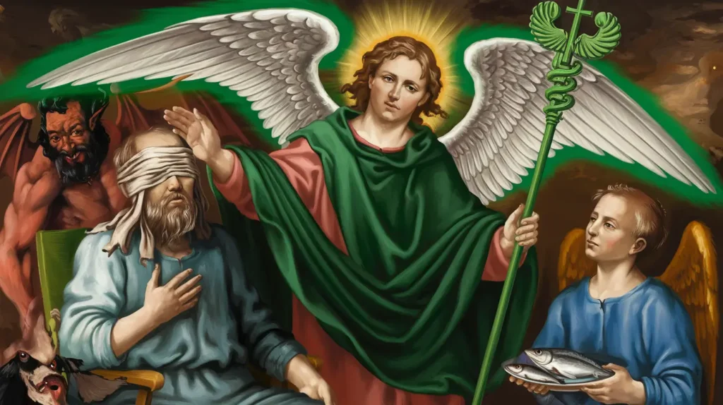 A painting of Saint Raphael the Archangel in green robes and a beautiful green staff with the Caduceus of healing wrapped around a cross. He has massive white wings and a green aura radiating around him. He is healing a blind old man, Tobit, from the Bible who has rags around his eyes and a beard. There is a demon in the image and a dog in the bottom left. The old man is in a chair, with Raphael behind him and Tobias, Tobit's son, to the right of him holding a plate of fish.