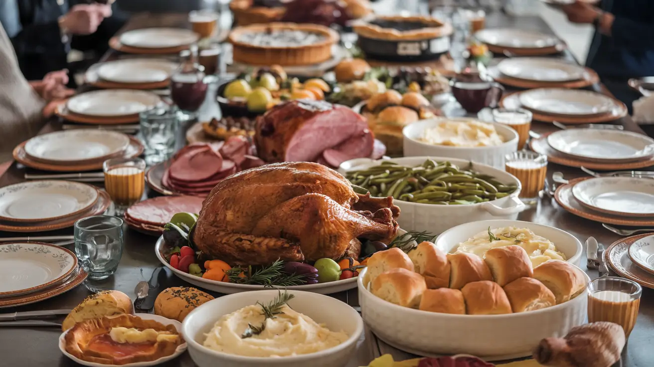 A photo of a massive Thanksgiving feast. There are multiple dishes such as roasted turkey, ham, mashed potatoes, green beans, and rolls.