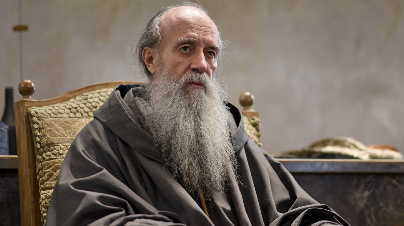 A medium shot of Saint Augustine of Hippo. He is an elderly man with a long white beard. He is wearing a robe and sitting in a chair. The background is a simple setting with a few objects.