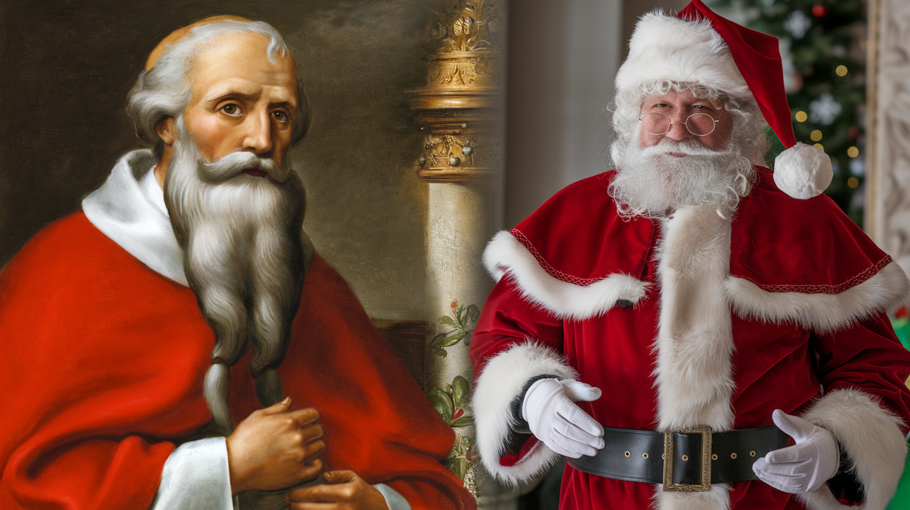 A photo comparison image of Saint Nicholas and Santa Claus. On the left, Saint Nicholas is shown wearing a red robe and a white collar. He has a long white beard. On the right, Santa Claus is shown wearing a red suit with white fur trim and a black belt. He also has a white beard. There is a nice divider in the middle separating the two figures.