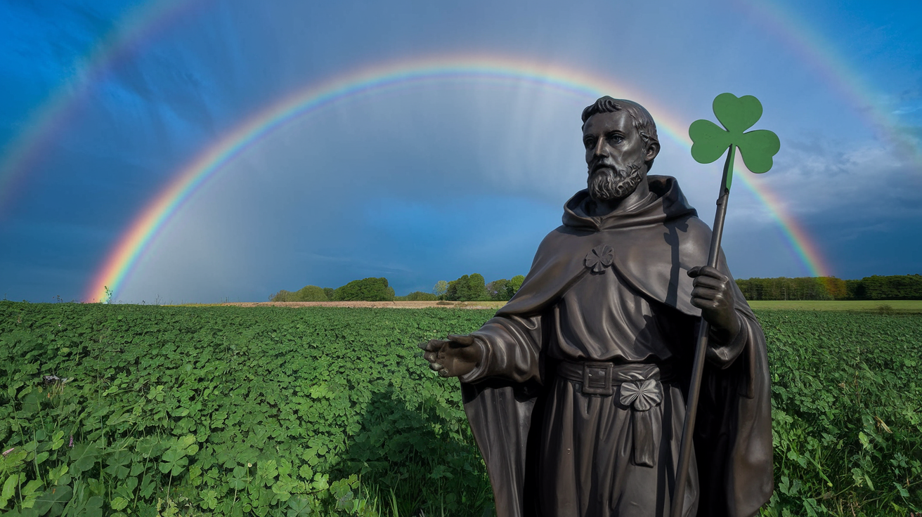 A photo of a Saint Patrick statue in a field. Saint Patrick is holding a clover staff in his hand. The field is covered with clovers. A large rainbow touches down behind him. The sky is a beautiful blue.