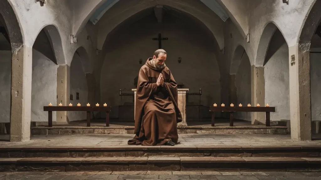 A photo of Saint Francis of Assisi praying in a deserted chapel. He is wearing a brown robe and has a beard. The chapel has a simple architecture with a few candles. The floor is made of stone. The background is dark.