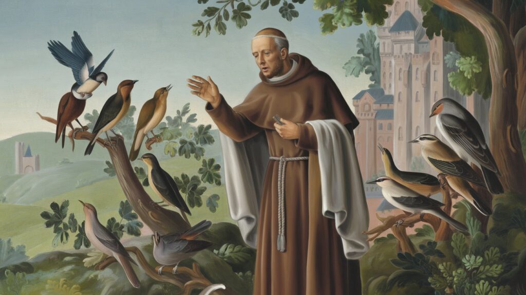 A photo of Saint Francis of Assisi preaching to birds who are listening intently. Saint Francis is standing on a rocky terrain, wearing a brown robe and a white cloak. The birds are perched on a nearby tree branch. The background has a castle and green hills.