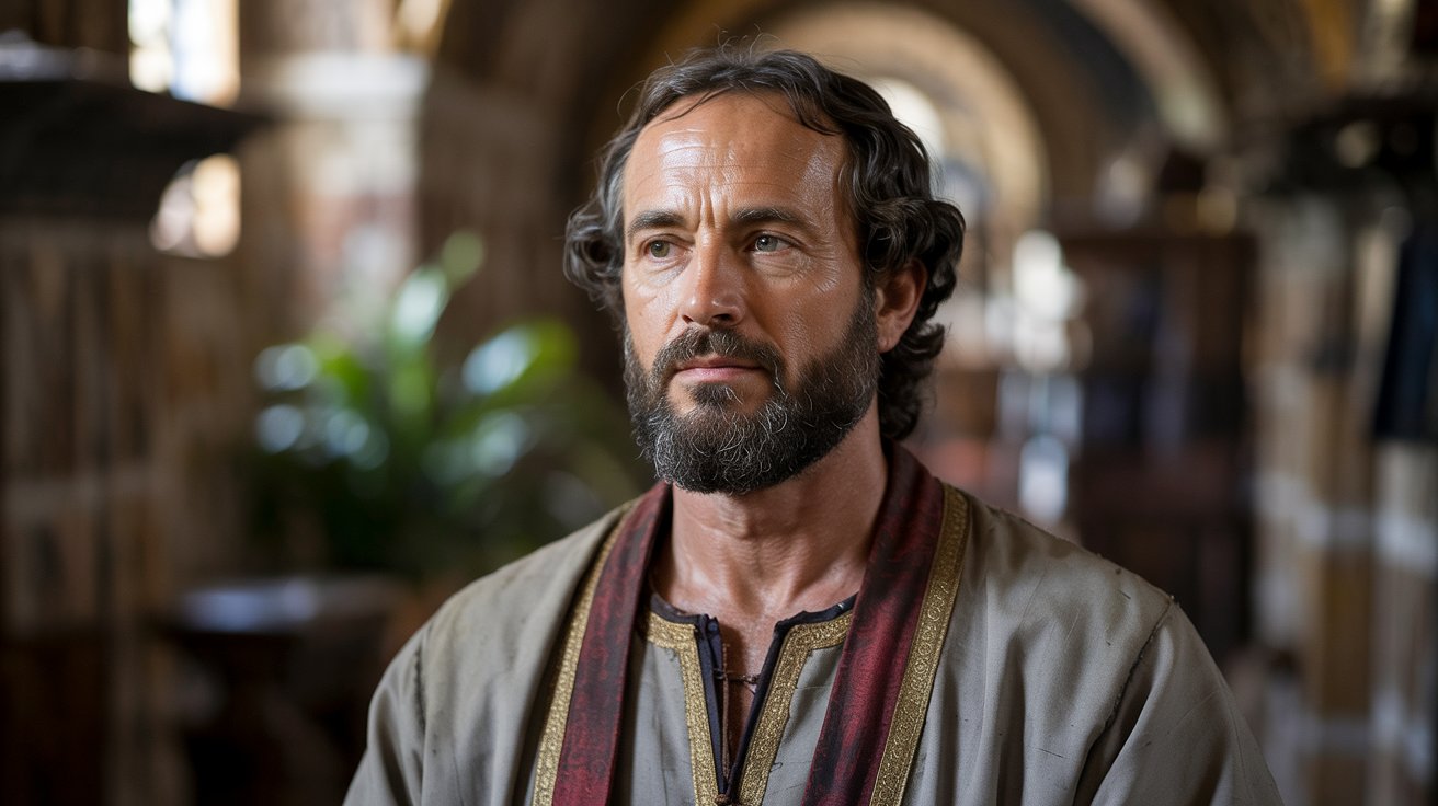 A detailed portrait photograph of St. James The Less, a biblical figure with a calm, introspective expression. He has a short, curly beard and long, dark hair that frames his face, with a subtle hint of a smile. He is dressed in traditional biblical attire, a simple yet elegant robe with a deep red sash, and stands against a softly blurred background of ancient stone walls and lush greenery, creating a timeless and serene atmosphere. Warm, natural light falls gently on his face, highlighting the contours and adding depth to his features.