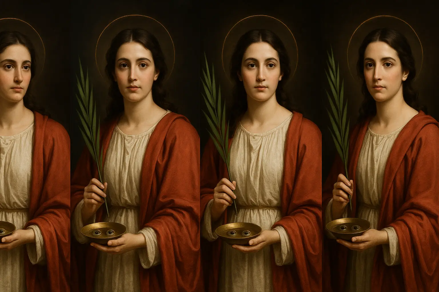 studio-quality portrait set of Saint Lucy of Syracuse, captured in a cinematic 16 : 9 composition. The serene young martyr is shown with her palm of victory and the traditional dish bearing eyes—symbols of her patronage—set against a dramatic, painterly backdrop and illuminated with soft, directional lighting for lifelike detail.