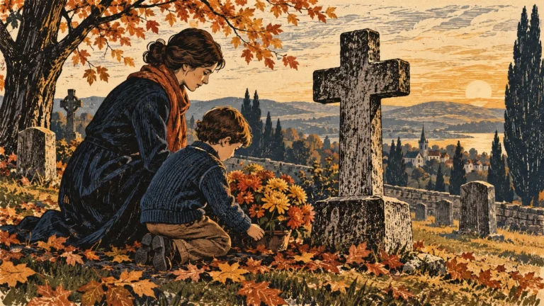 Woodcut-style illustration: Family praying beside a grave with flowers in an autumn cemetery.