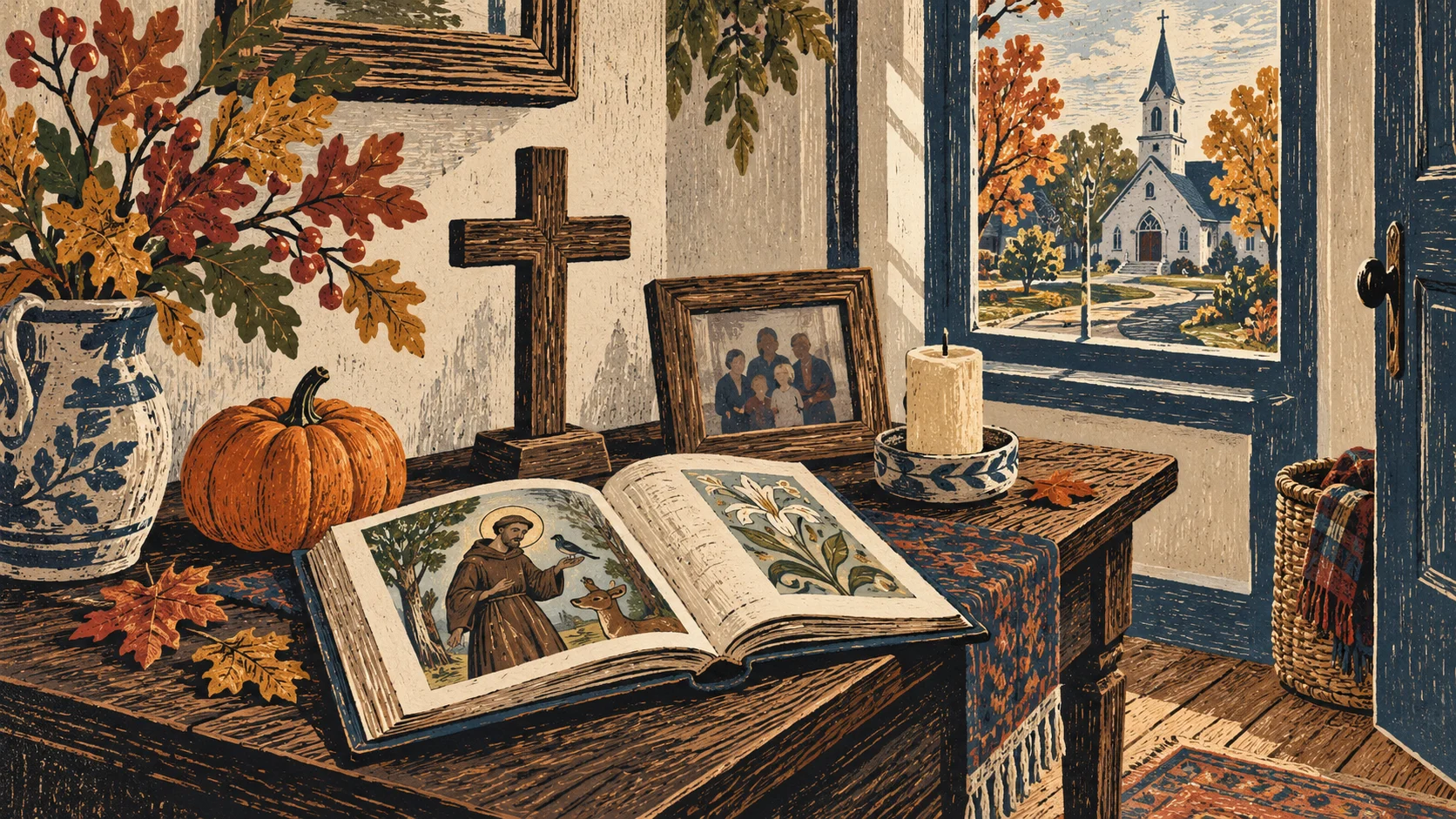 Woodcut-style illustration: Family preparing a candlelit table with autumn leaves and saint pictures.