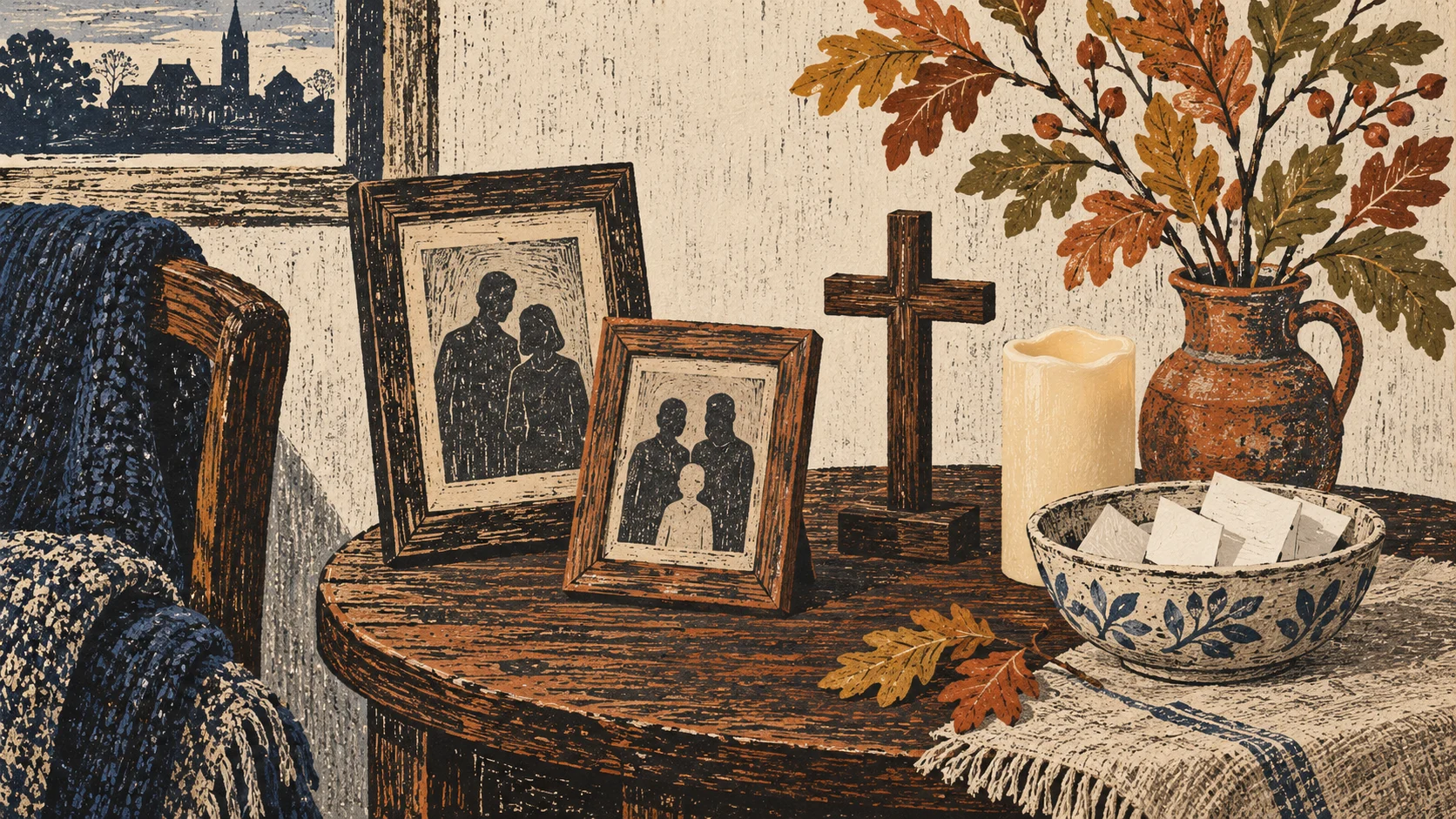 Woodcut-style illustration: Photographs, a candle, and autumn foliage on a remembrance table.