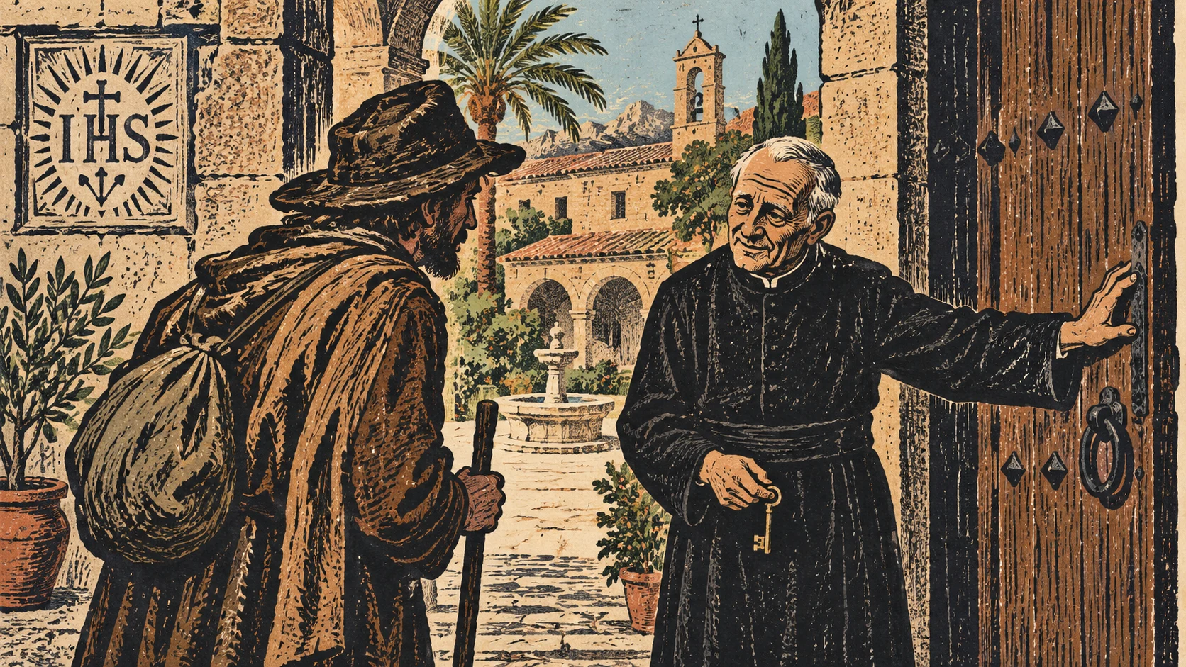 Woodcut-style illustration: An elderly Spanish Jesuit lay brother in a simple black cassock opening the heavy wooden door of a Mallorca college to a weary traveler; doorway frames a sunlit courtyard, small key in the brother's hand, welcoming and understated
