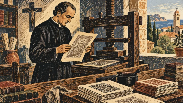 Woodcut-style illustration: A nineteenth-century Catalan Catholic priest in a simple black cassock at a wooden printing press, carefully examining a newly printed sheet with no readable letters; stacks of small books, Mediterranean window light, bold diagonal table composition