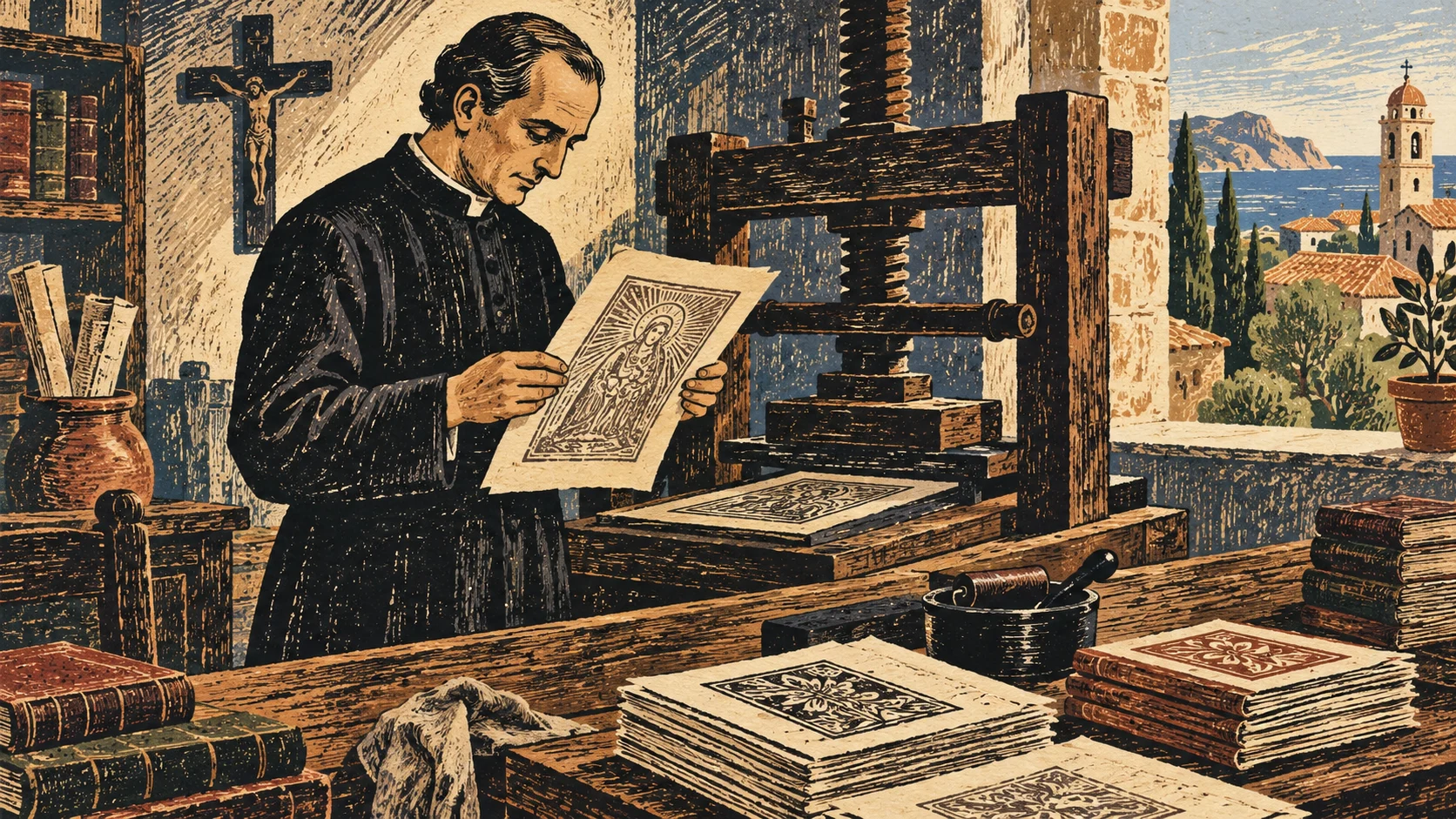 Woodcut-style illustration: A nineteenth-century Catalan Catholic priest in a simple black cassock at a wooden printing press, carefully examining a newly printed sheet with no readable letters; stacks of small books, Mediterranean window light, bold diagonal table composition
