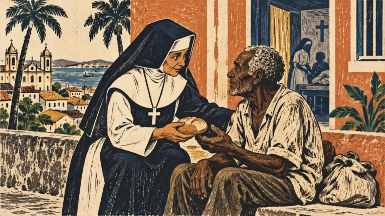 Woodcut-style illustration: Sister Dulce Lopes Pontes, a small Brazilian nun wearing her simple black-and-white habit, sharing bread and attentive conversation with an elderly man seated outside a modest Salvador Bahia clinic; warm terracotta architecture, eye-level dignified composition