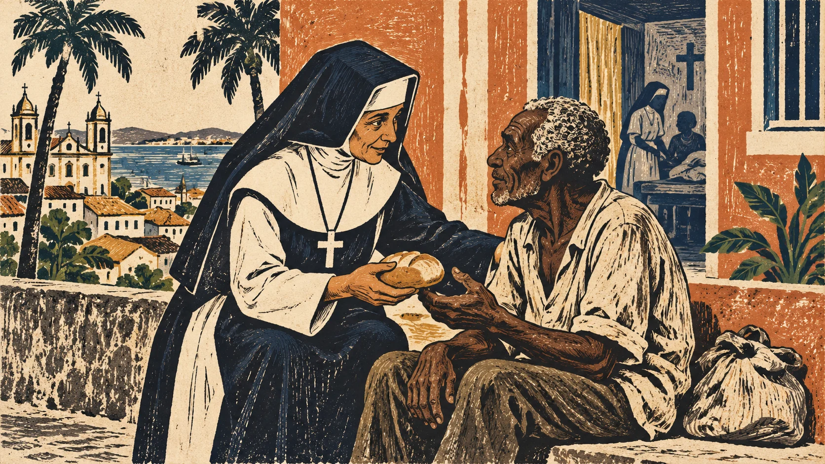 Woodcut-style illustration: Sister Dulce Lopes Pontes, a small Brazilian nun wearing her simple black-and-white habit, sharing bread and attentive conversation with an elderly man seated outside a modest Salvador Bahia clinic; warm terracotta architecture, eye-level dignified composition