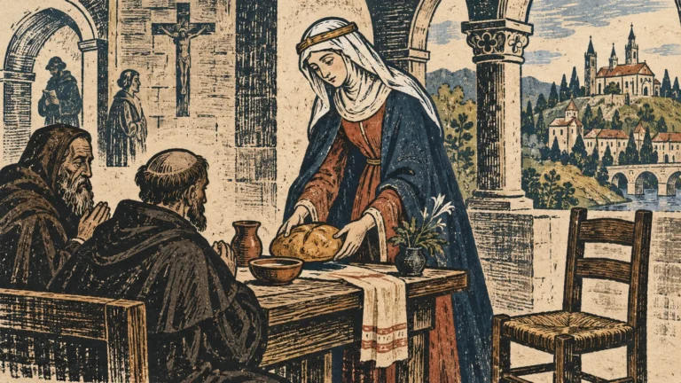 Woodcut-style illustration: Saint Hedwig of Silesia, a thirteenth-century duchess in a modest wool cloak and veil, setting a loaf of bread beside a bowl at a monastery guest table; a small empty chair suggests hospitality