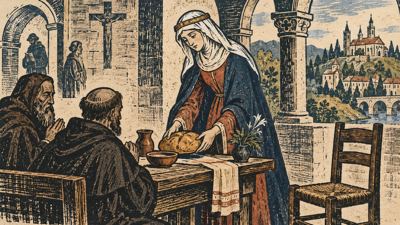 Woodcut-style illustration: Saint Hedwig of Silesia, a thirteenth-century duchess in a modest wool cloak and veil, setting a loaf of bread beside a bowl at a monastery guest table; a small empty chair suggests hospitality