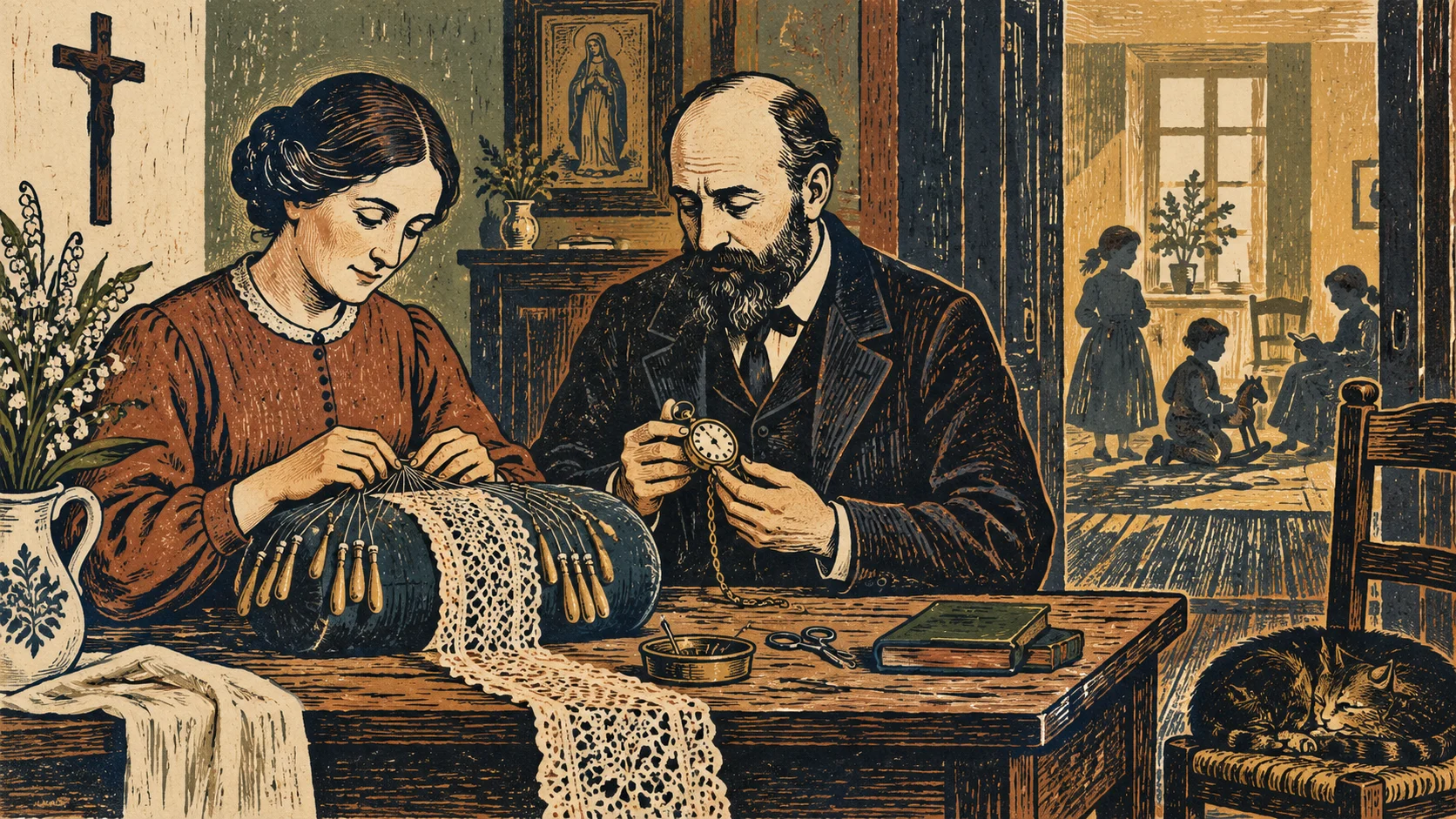 Woodcut-style illustration: Louis and Zélie Martin, a nineteenth-century French married couple, quietly working together at a domestic table with bobbin lace and a pocket watch, children visible as gentle silhouettes in another room; intimate asymmetrical composition, no halos