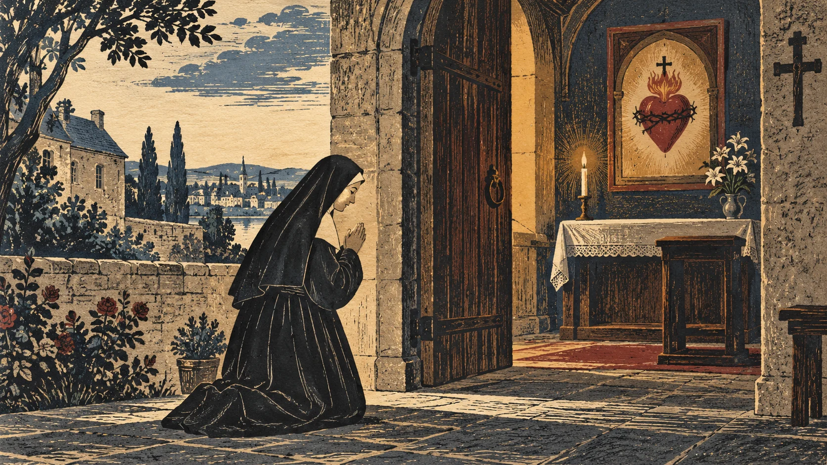 Woodcut-style illustration: Saint Margaret Mary Alacoque in a simple seventeenth-century French Visitation habit, a small figure quietly praying beside an open chapel doorway; a discreet traditional Sacred Heart emblem in a small devotional panel, and a single candle