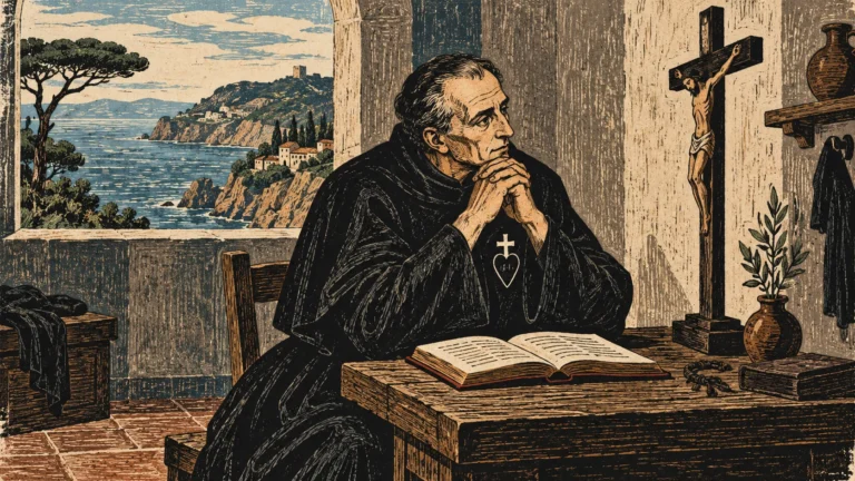 Woodcut-style illustration: Saint Paul of the Cross, an eighteenth-century Italian Passionist in a plain black habit, seated quietly near a simple wooden crucifix and open prayer book, with the rocky Tuscan coast glimpsed through a window
