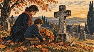Woodcut-style illustration: Family praying beside a grave with flowers in an autumn cemetery.