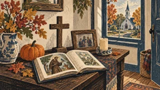 Woodcut-style illustration: Family preparing a candlelit table with autumn leaves and saint pictures.