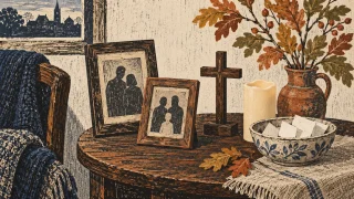 Woodcut-style illustration: Photographs, a candle, and autumn foliage on a remembrance table.