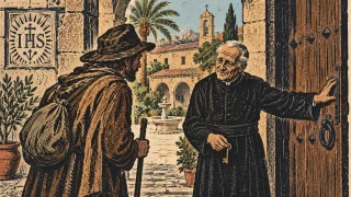 Woodcut-style illustration: An elderly Spanish Jesuit lay brother in a simple black cassock opening the heavy wooden door of a Mallorca college to a weary traveler; doorway frames a sunlit courtyard, small key in the brother's hand, welcoming and understated