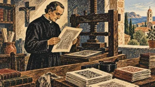 Woodcut-style illustration: A nineteenth-century Catalan Catholic priest in a simple black cassock at a wooden printing press, carefully examining a newly printed sheet with no readable letters; stacks of small books, Mediterranean window light, bold diagonal table composition