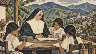 Woodcut-style illustration: Saint Laura Montoya, a Colombian religious sister and teacher in a simple early twentieth-century habit, seated at an open-air wooden teaching table with notebooks and a pencil, lush Antioquian hills behind her