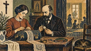 Woodcut-style illustration: Louis and Zélie Martin, a nineteenth-century French married couple, quietly working together at a domestic table with bobbin lace and a pocket watch, children visible as gentle silhouettes in another room; intimate asymmetrical composition, no halos