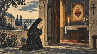 Woodcut-style illustration: Saint Margaret Mary Alacoque in a simple seventeenth-century French Visitation habit, a small figure quietly praying beside an open chapel doorway; a discreet traditional Sacred Heart emblem in a small devotional panel, and a single candle