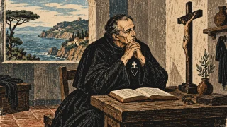 Woodcut-style illustration: Saint Paul of the Cross, an eighteenth-century Italian Passionist in a plain black habit, seated quietly near a simple wooden crucifix and open prayer book, with the rocky Tuscan coast glimpsed through a window